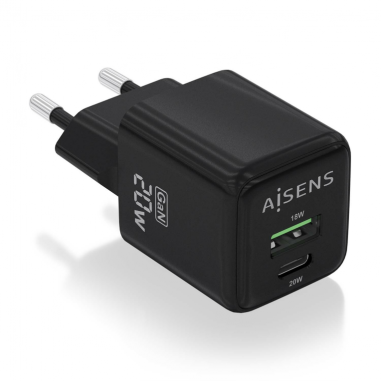 CARGADOR AISENS GAN 20W 1XUSB-C PD3.0 QC4.0 1XUSB-A QC3.0 NEGRO