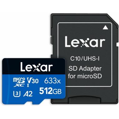 Lexar 633x Tarjeta de Memoria microSDXC UHS-I 512GB - Alta Capacidad - Velocidad de Lectura hasta 100MB/s - Incluye Adaptador SD