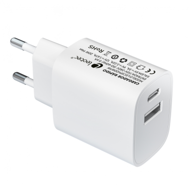 LEOTEC CARGADOR 20W CARGA RAPIDA 1 USB TIPO-C PD 1 USB-A BLANCO