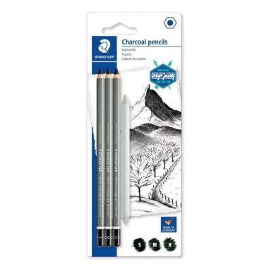 Staedtler Mars Lumograph Charcoal 100C Pack de 3 Lapices de Grafito + Difuminador - Alta Proporción de Carbon y Carboncillo - Gr