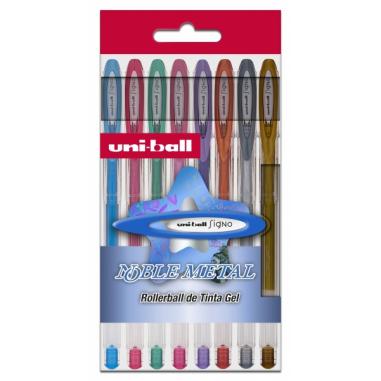 Uni-ball UM-120 NM Signo Noble Metal Estuche de 8 Rollers de Tinta Gel - Punta de Bola 0.8mm - Tinta Resistente al Agua y Luz - 