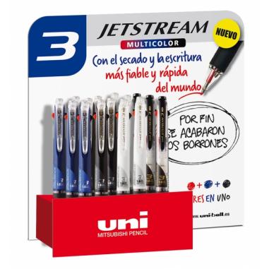 Uni-ball SXE3-400-10 JetStream Expositor de 15 Boligrafos Tricolor - Punta de Bola 1mm - Boligrafo con 3 Colores de Tinta, Negro