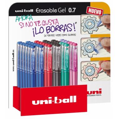 Uni-ball Erasable UF-222 Expositor de 36 Rollers de Gel Borrable - Punta de Bola 0.7mm - Tinta Termosensible - Doble Goma Borrad