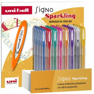 Uni-ball Signo Sparkling Expositor de 48 Boligrafos de Tinta Gel - Punta de Bola 1mm - Tinta Pigmentada Resistente al Agua y Luz