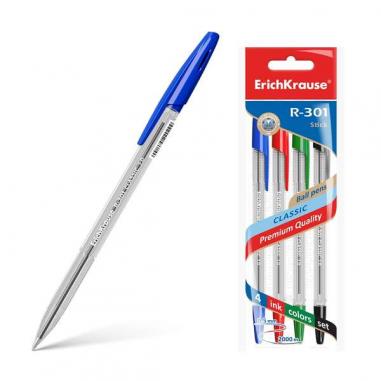 Erichkrause R-301 Pack de 4 Boligrafos de Bola Punta 1.0mm - Trazo 0.5mm - Tinta de Secado Rapido - Cuerpo Transparente - Capuch