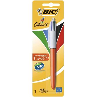 Bic 4 Colours Original Fine Boligrafo de Bola Retractil - Punta Fina de 0.8mm - Tinta con Base de Aceite - Cuerpo Rojo/Blanco - 