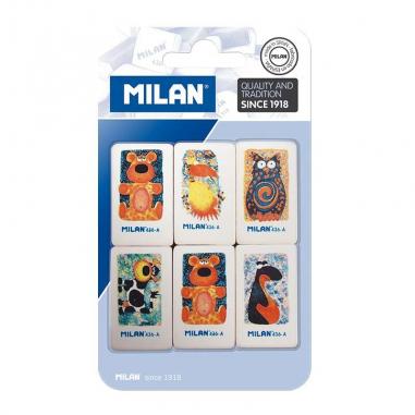 Milan 436A Pack de 6 Gomas de Borrar Rectangulares - Miga de Pan - Caucho Suave Sintetico - Dibujos Infantiles Surtidos - Color 