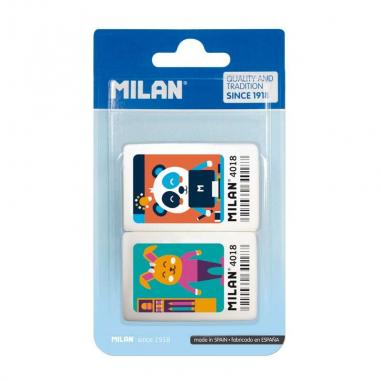 Milan 4018 Pack de 2 Gomas de Borrar Rectangulares - Miga de Pan - Caucho Suave Sintetico - Dibujos Infantiles a Color