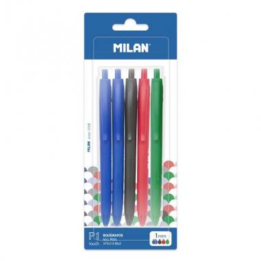 Milan P1 Touch Pack de 5 Boligrafos de Bola Retractiles - Punta Redonda 1mm - Tinta con Base de Aceite - Escritura Suave - 1.200