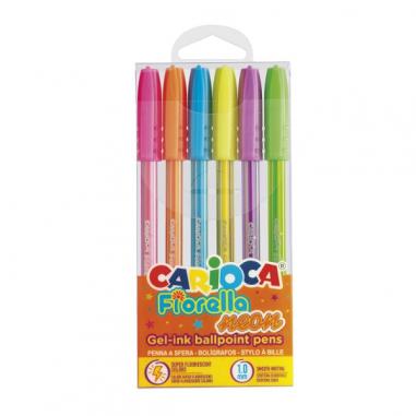 Carioca Fiorella Neon Pack de 6 Boligrafos de Colores Tinta Gel - Punta de Bola 1mm - Cuerpo Transparente Fluo - Colores Neon Su