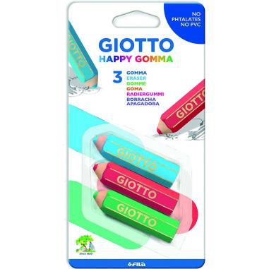 Giotto Happy Goma Pack de 3 Gomas de Borrar - Plastico - Colores Surtidos