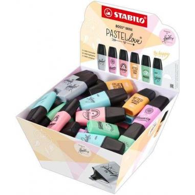 Stabilo Boss Mini Pastellove Expositor con 50 Marcadores Fluorescentes - Trazo entre 2 y 5mm - Tinta con Base de Agua - Antiseca