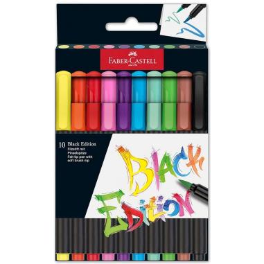 Faber-Castell Black Edition Pack de 10 Rotuladores Punta Pincel - Tinta a Base de Colorantes Alimentarios - Colores Surtidos