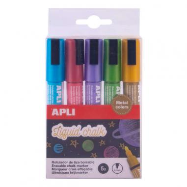 Apli Pack de 5 Rotuladores de Tiza Liquida Metalizados - Punta Redonda de 5.5mm - Facil de Borrar - Secado Rapido - Base Agua Li