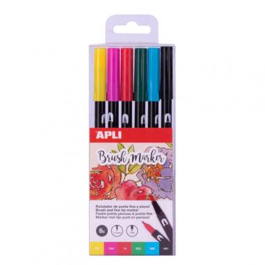 Apli Brush Marker Pack de 6 Rotuladores Acuarelables de Doble Punta - Punta Pincel de 1-4mm y Punta Redonda de 1mm - Tinta Base 