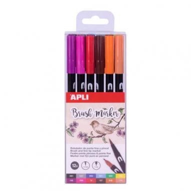 Apli Brush Marker Pack de 12 Rotuladores Acuarelables de Doble Punta - Punta Pincel de 1-4mm y Punta Redonda de 1mm - Tinta Base