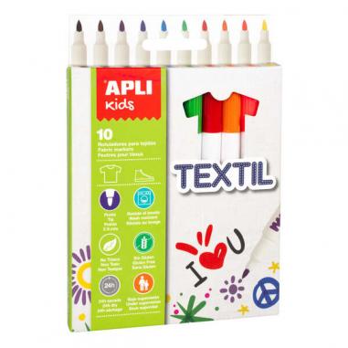 Apli Kids Pack de 10 Rotuladores para Textil - Punta Redonda Bloqueada Ø 2.9mm - Capuchon Anti Asfixia - No Toxicos - Larga Dura