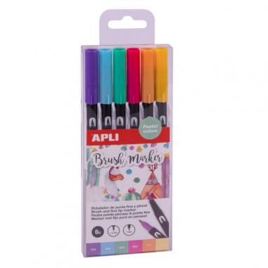 Apli Brush Marker Pack de 6 Rotuladores Acuarelables de Doble Punta - Punta Pincel de 1-4mm y Punta Redonda de 1mm - Tinta Base 