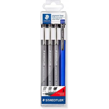 Staedtler Pigment Liner 308 Pack de 3 Rotuladores Calibrados 0,2 0,4 y 0,8mm + 1 Portaminas 0.5mm - Secado Rapido - Color Negro