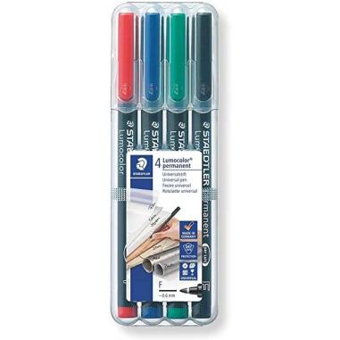 Staedtler Lumocolor 318 Pack de 4 Rotuladores Permanentes - Punta Fina Redonda - Trazo 0.6mm - Capuchon con Clip - Secado Rapido