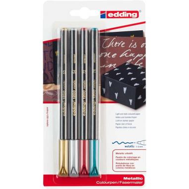 Edding 1200 Metallic Pack de 4 Rotuladores - Punta Redonda - Trazo 1mm - Tinta con Base de Agua - Colores Oro, Plata, Rojo y Ver