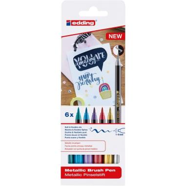 Edding 1340 Brush Pack de 6 Rotuladores - Punta Pincel Flexible - Trazo 1-3mm - Tinta con Base de Agua - Colores Oro, Rojo, Azul