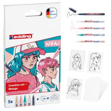 Edding Set Acrilico Manga Pack de 4 Rotuladores 5300 + 1 Rotulador 1800 + 6 Tarjetas en Blanco + 3 Plantillas + 1 Folleto con In