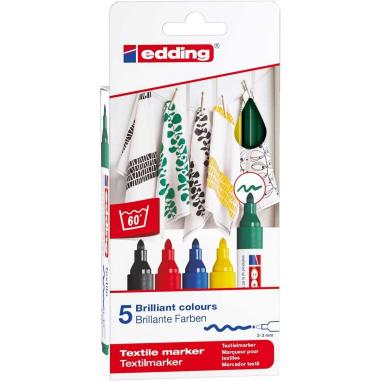 Edding 4500 Basicos Pack de 5 Rotuladores Permanentes para Textil - Punta Redonda - Trazo 2-3mm - Olor Neutro - Secado Rapido - 