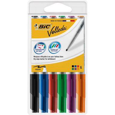 Bic Velleda 1741 Pack de 6 Rotuladores para Pizarra - Punta media - Trazo de 1.4mm - Borrado Optimo - Colores Surtidos