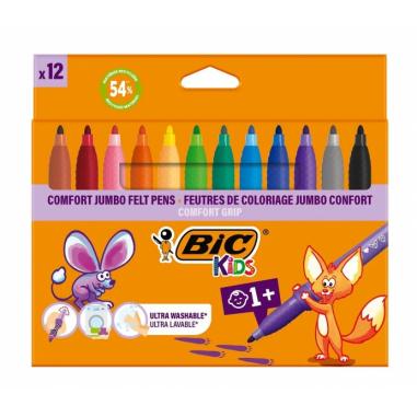 BIC Kids Comfort Jumbo Pack de 12 Rotuladores con Tinta Lavable - Facil de Limpiar - Agarre Antideslizante - Colores Surtidos