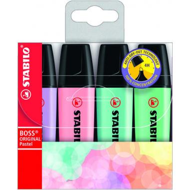 Stabilo Boss 70 Pastel Pack de 4 Rotuladores Marcadores Fluorescentes - Trazo entre 2 y 5mm - Recargable - Tinta con Base de Agu