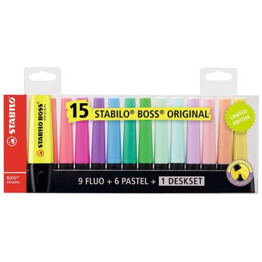 Stabilo Boss 70 Pack de Escritorio de 15 Marcadores Fluorescente - Practica Base para Escritorio - Trazo entre 2 y 5mm - Recarga