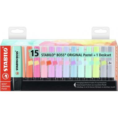 Stabilo Boss 70 Pack de Escritorio de 15 Marcadores Fluorescente - Practica Base para Escritorio - Trazo entre 2 y 5mm - Recarga