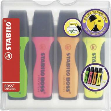 Stabilo Boss Executive Pack de 4 Marcadores Fluorescentes - Zona de Agarre - Trazo entre 2 y 5mm - Recargable - Tinta con Base d