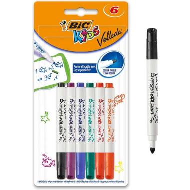 Bic Kids Mini Velleda Pack de 6 Rotuladores para Pizarra - Punta Bloqueada - Tinta con Base de Alcohol - Borrado Optimo - Colore