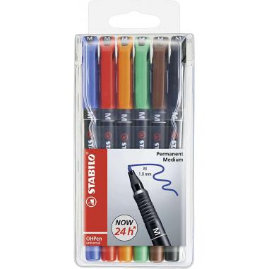 Stabilo OHPen Pack de 6 Rotuladores Permanentes - Punta Media - Trazo de 1mm - Agarre Antideslizante - Tapon Ventilado - Colores