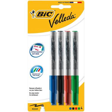 Bic Velleda 1741 Pack de 4 Rotuladores para Pizarra - Punta Media - Trazo de 1.4mm - Borrado Optimo - Colores Surtidos