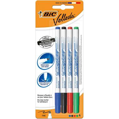 Bic Velleda 1721 Pack de 4 Rotuladores para Pizarra - Punta Fina - Trazo de 1.6mm - Borrado Optimo - Colores Surtidos