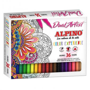 Alpino Dual Artist Color Experience Pack de 36 Rotuladores - Doble Punta (Fina de 0.7mm y Pincel de 2.9mm) - Forma Triangular Er