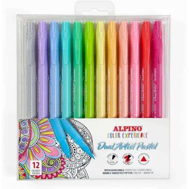 Alpino Color Experience Pack de 12 Rotuladores Pastel Doble Punta - Forma Triangular Ergonomica - Puntas Fine Liner de 0.7mm y P