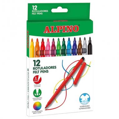 Alpino Pack de 12 Rotuladores Escolares - Punta Fina de 3mm - Superlavables y Brillantes - Ideal para Creatividad y Manualidades