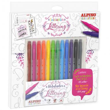 Alpino Color Experience Pack de 12 Rotuladores Dual Artist + Libro Guia de Iniciacion al Lettering - Doble punta (Fina 0,7mm y P