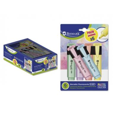 Bismark Pack de 6 Rotuladores Fluorescente Pastel - Tinta de Secado Rapido - Punta Biselada - Ideal para Subrayar y Resaltar - D