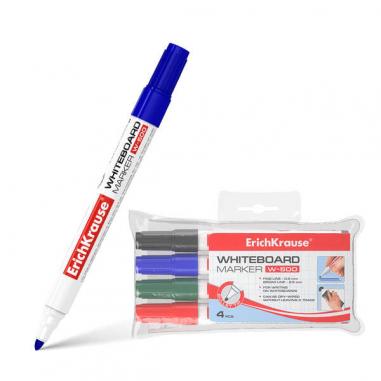 Erichkrause W-500 Pack de 4 Rotuladores para Pizarra Blanca - Punta en Forma de Bala - Trazo de 0.8 a 2.5mm - Tinta a Base de Al