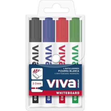 Molin Viva Pack de 4 Rotuladores para Pizarra Blanca - Punta Redonda de Fibra Sintetica - Trazo 3mm - Tinta con Base de Alcohol 