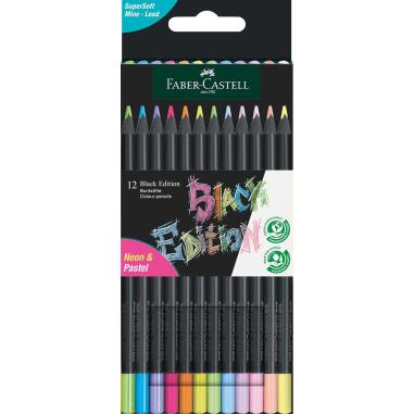 Faber-Castell Black Edition Pack de 12 Lapices de Colores Neon+Pastel - Mina Supersuave - Madera Negra - Ideales para Dibujo sob