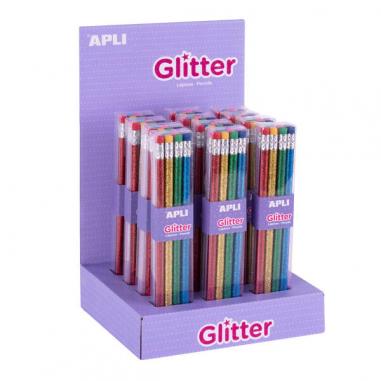 Apli Glitter Collection Lapices de Grafito con Goma - 2mm HB - 12 Packs de 8 Lapices - 8 Colores Purpurina - Expositor 160x270x1