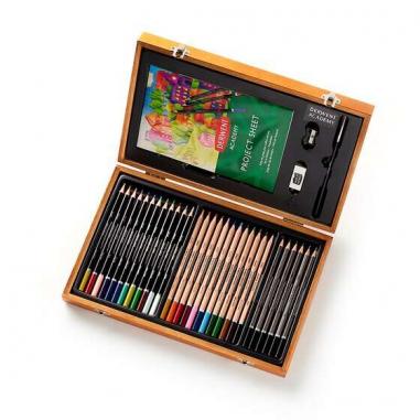 Derwent Academy Caja de Madera con 12 Lapices de Colores, 12 Lapices de Colores Acuarelables, 6 Lapices de Grafito para Bocetos,