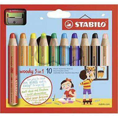 Stabilo Woody 3 en 1 Pack de 10 Lapices de Colores + Sacapuntas - Lapiz de Color, Cera y Acuarela, Todo en Uno - Mina XXL 10mm -