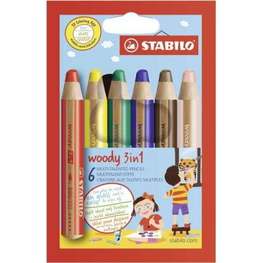 Stabilo Woody 3 en 1 Pack de 6 Lapices de Colores - Lapiz de Color, Cera y Acuarela, Todo en Uno - Mina XXL 10mm - Colores Surti